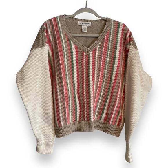 Vintage Paris Sport Club Beige Pink V Neck Collegiate Striped Sweater Size Large - Picture 1 of 16